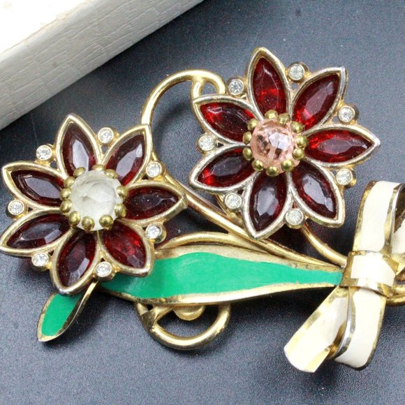 Vintage 40's Glass Flower Enamel Bouquet Designer Brooch - Picture 7 of 11